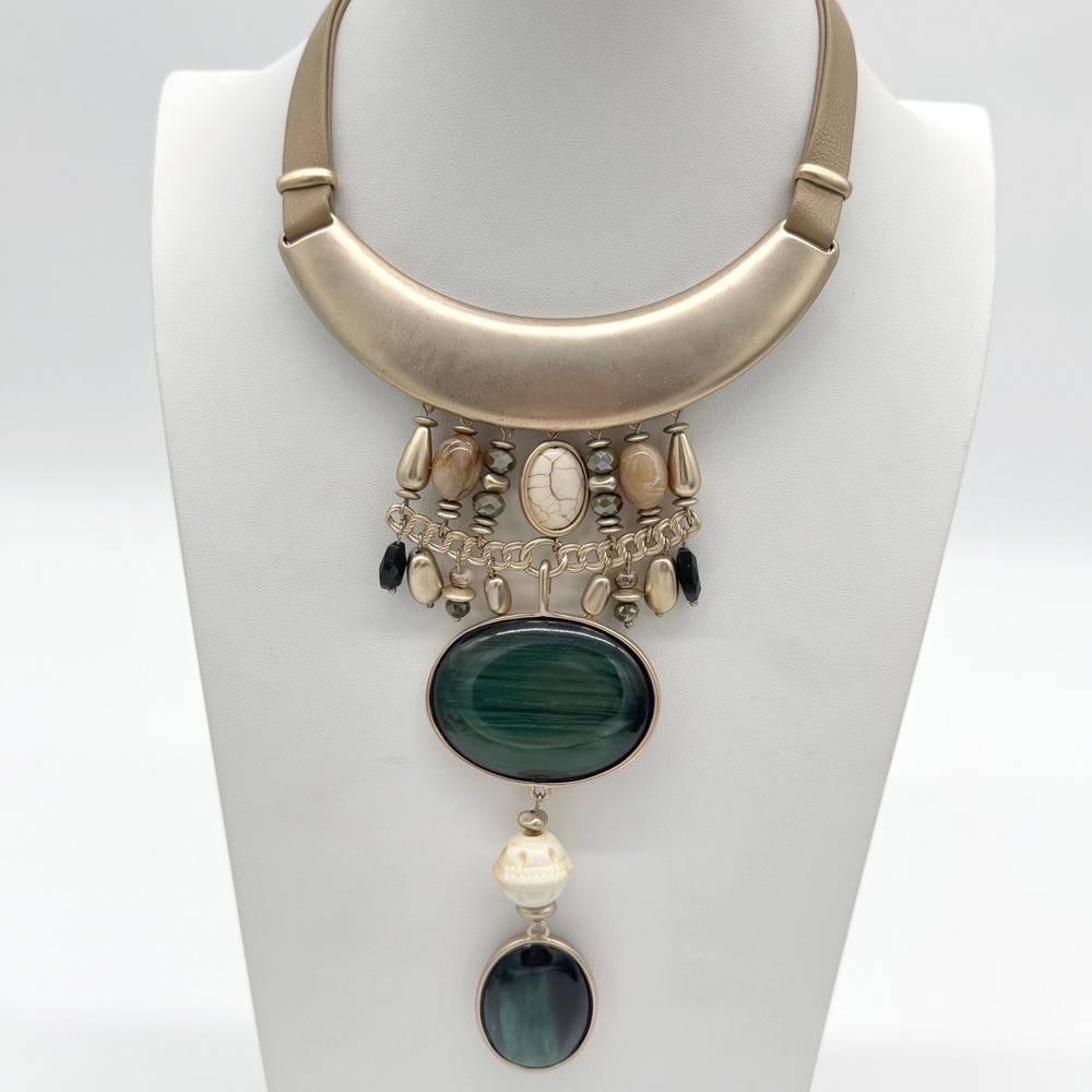 Chico's Statement Necklace Green Resin Stone Faux Leather Bib Necklace